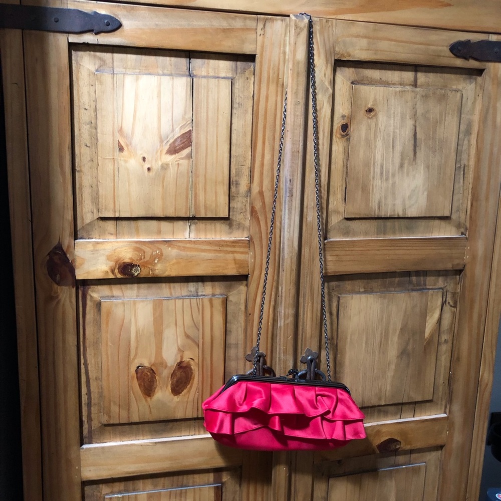 Red satin crossbody with chain strap evening bag